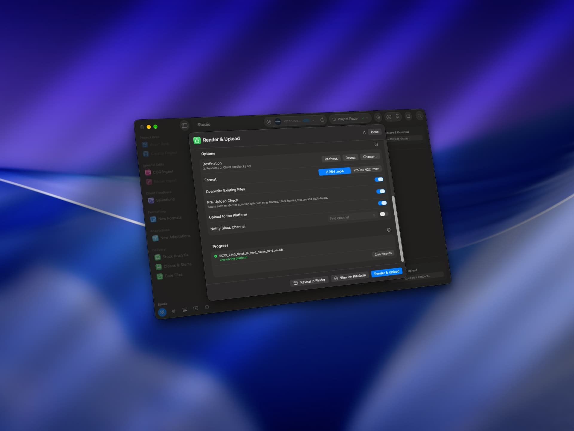Render and Upload in the native app: format, pre-upload glitch check, platform upload and Slack notification.