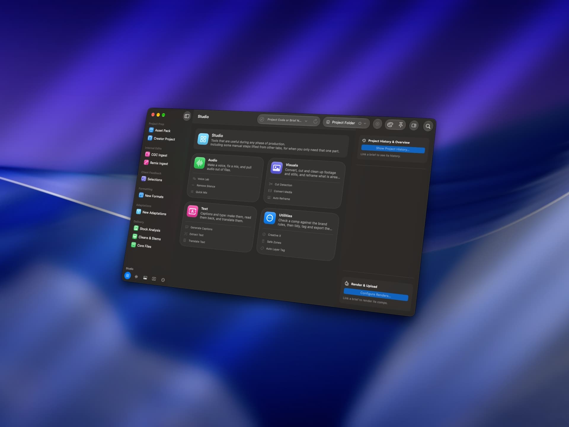 The native macOS app's Studio tab: audio, visuals, text and utility tools for any phase of production.
