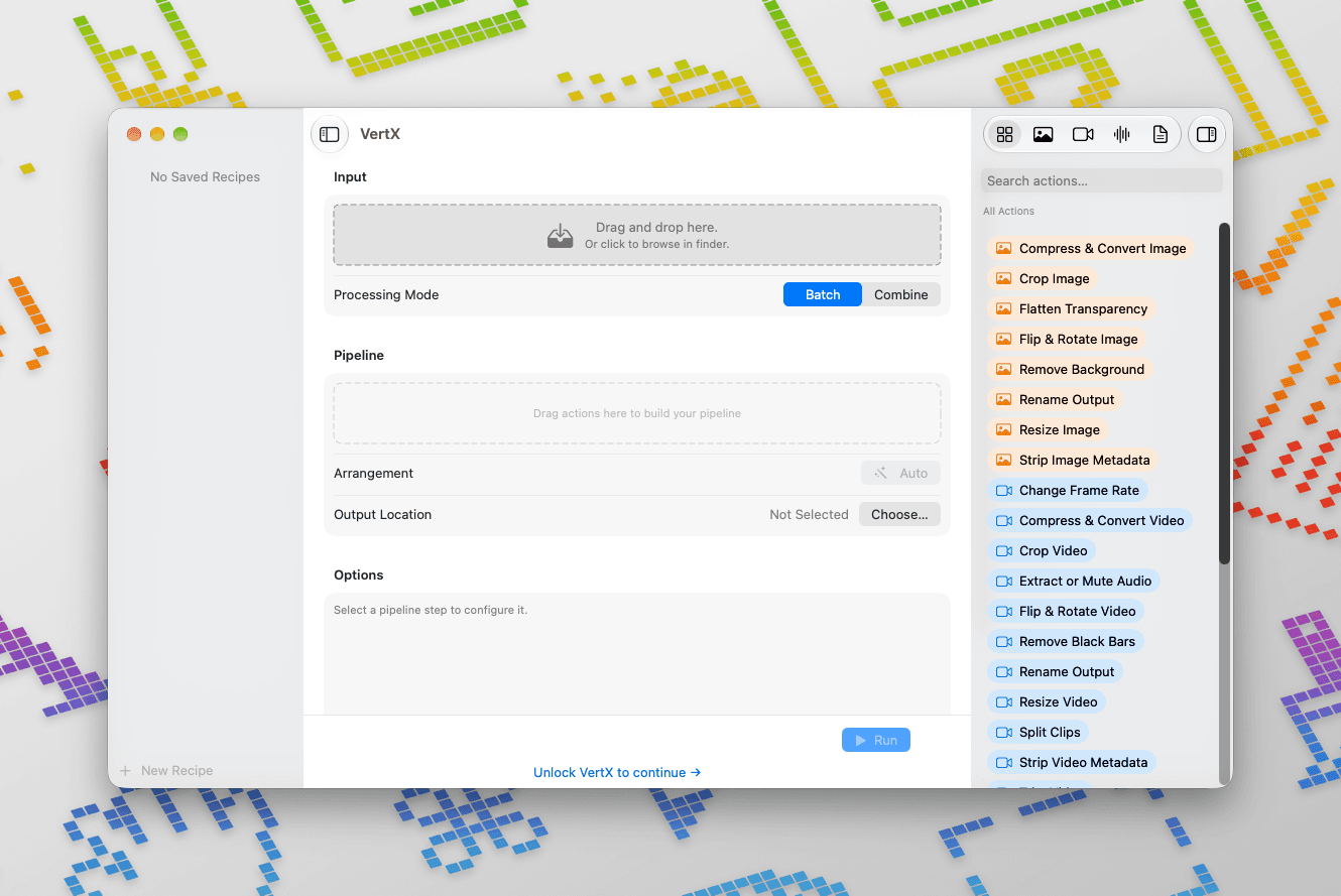 The native VertX app: input, processing mode, pipeline, options and action library.